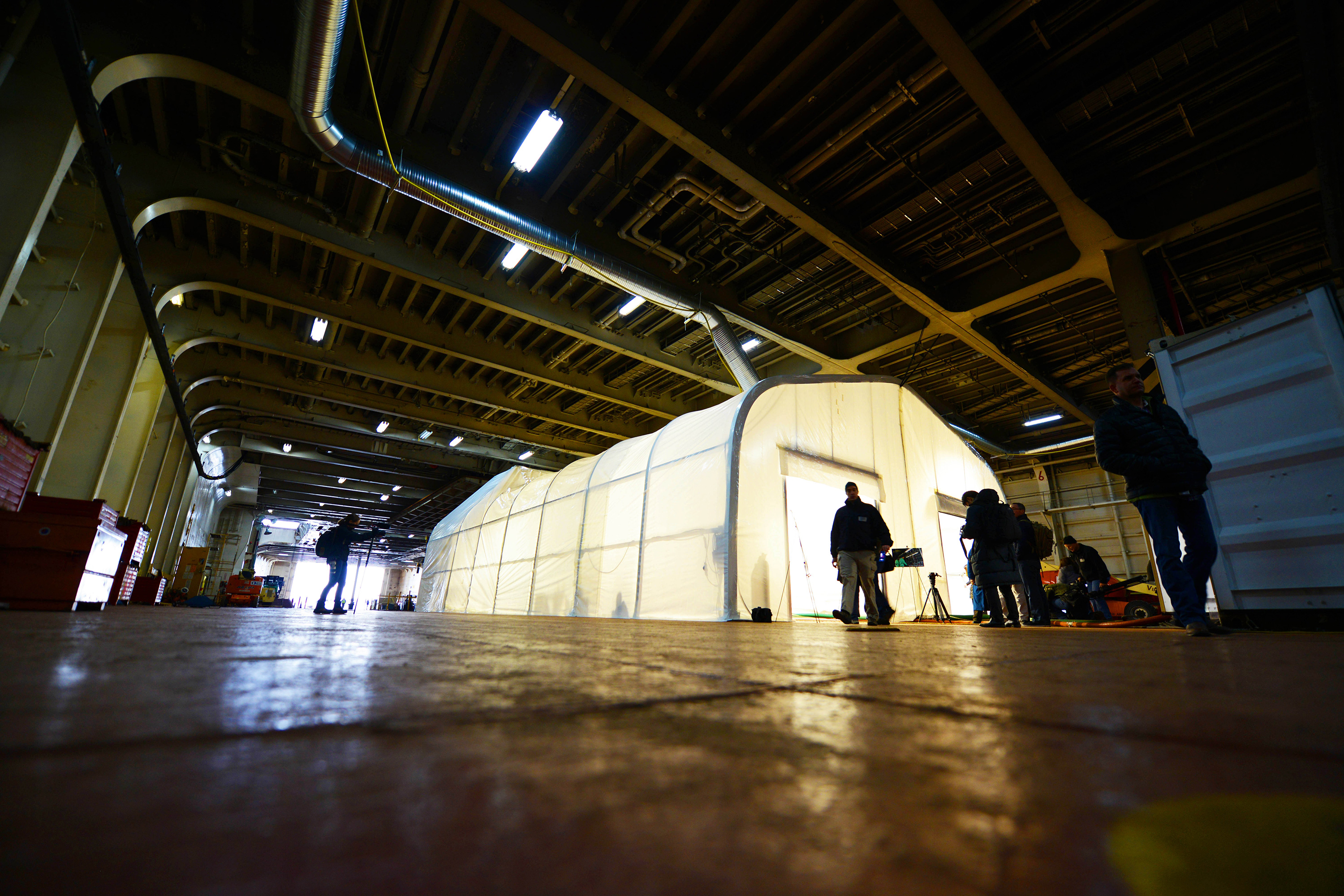 A tent inside the Cape Ray contains two Field Deployable Hydrolysis Systems designed to neutralize chemical materials. Each $5 million system is capable of processing between five to 25 metric tons of material daily. The mission requires disposal of 700 metric tons of material. DOD photo by C. Todd Lopez