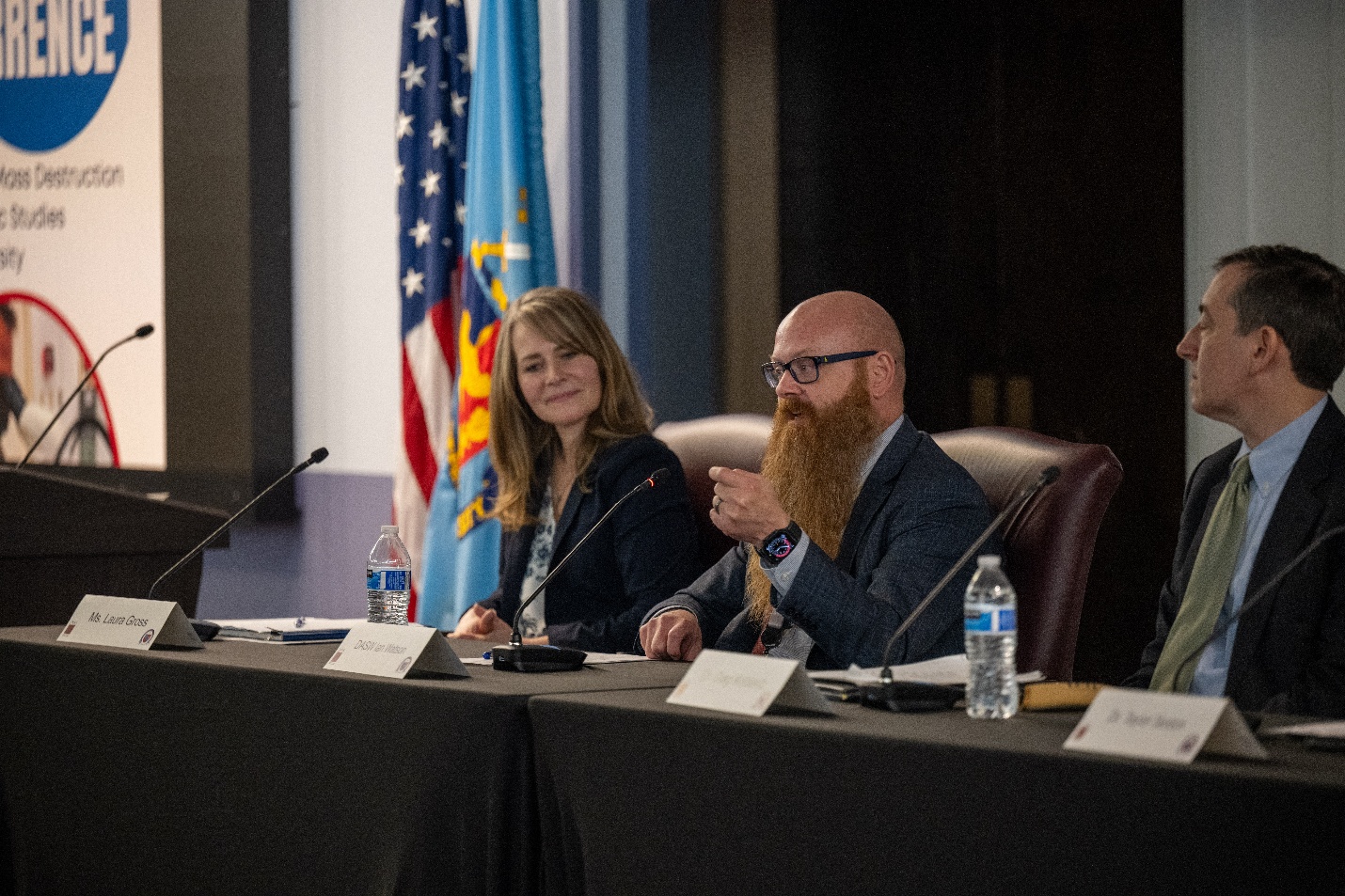 Ms. Laura Gross, DTRA’s Director of Global Threat Directorate, Mr. Ian Watson, Deputy Assistant Secretary of War for Chemical, Biological, Radiological, and Nuclear Defense (DASW/CBRND) and Dr. Greg Koblentz Director of the Biodefense Graduate Program at George Mason University's Schar School of Policy and Government.