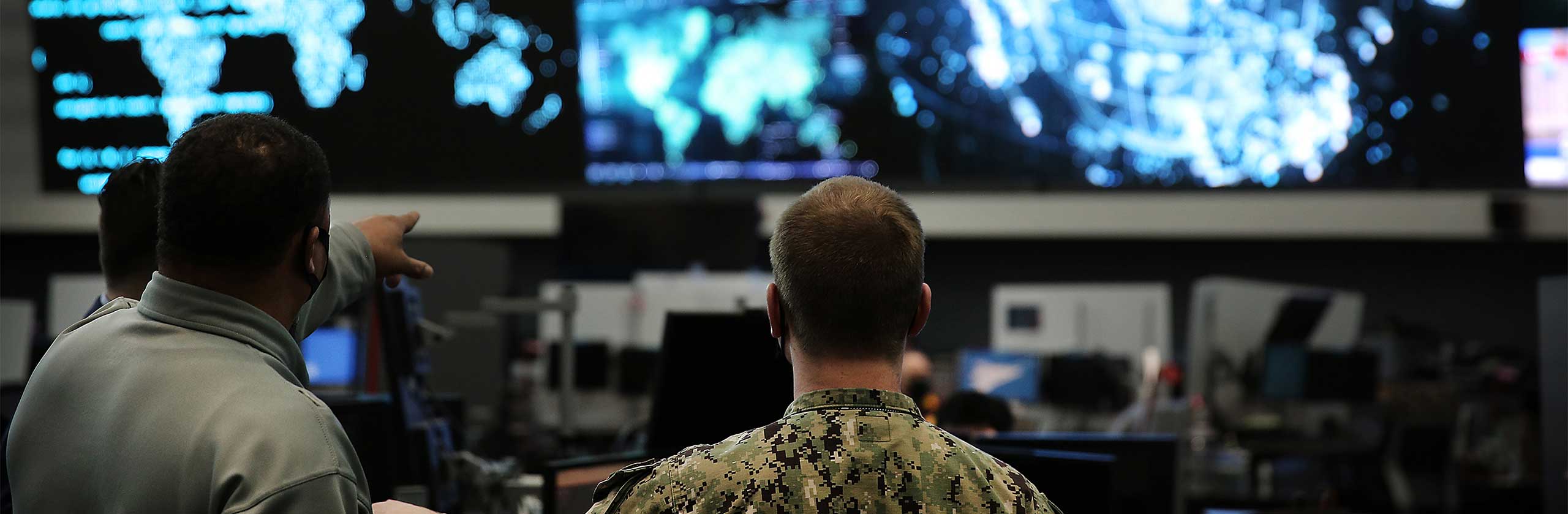 U.S. Cyber Command members work in the Integrated Cyber Center, Joint Operations Center at Fort George G. Meade, Md., April. 2, 2021.